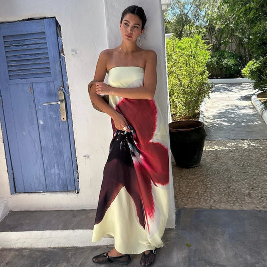 Strapless Print Floral Belt Women Maixi Dress