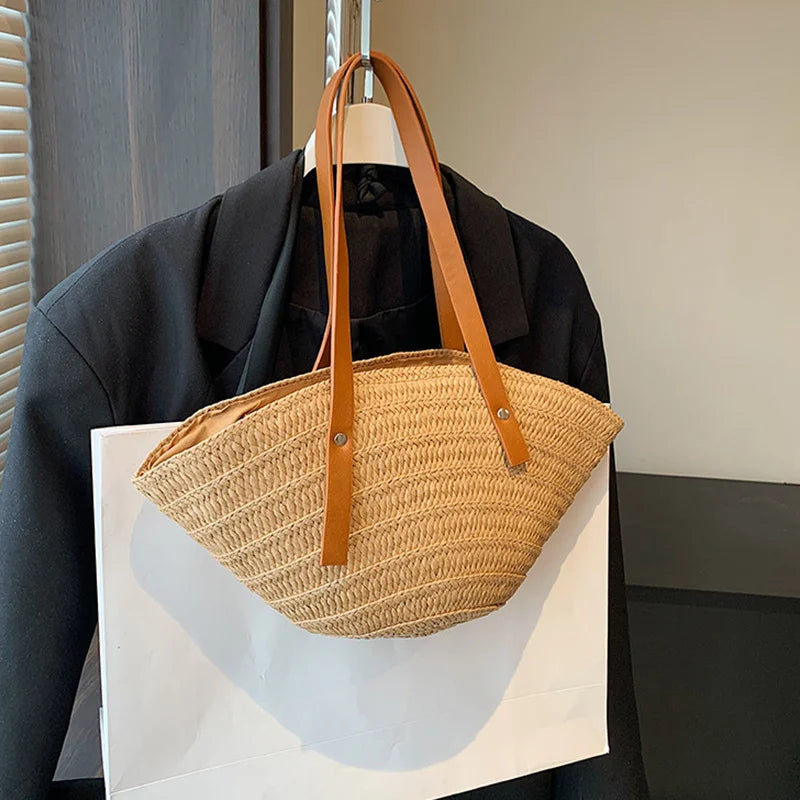 Women Braided Basket Top-handle Bag Large Capacity