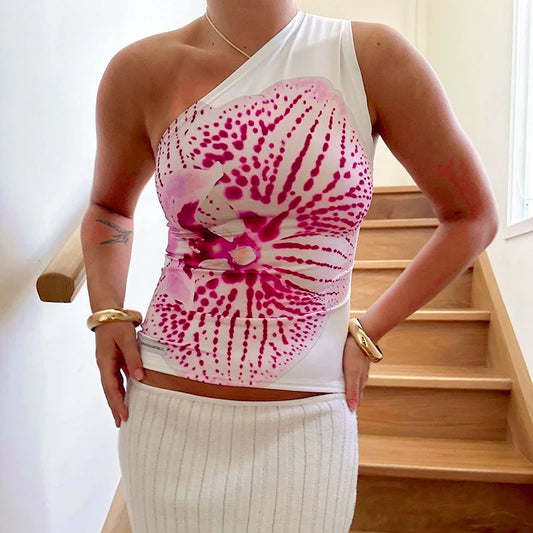 Floral Print Fitted Tops Women Resort Wear Graphic