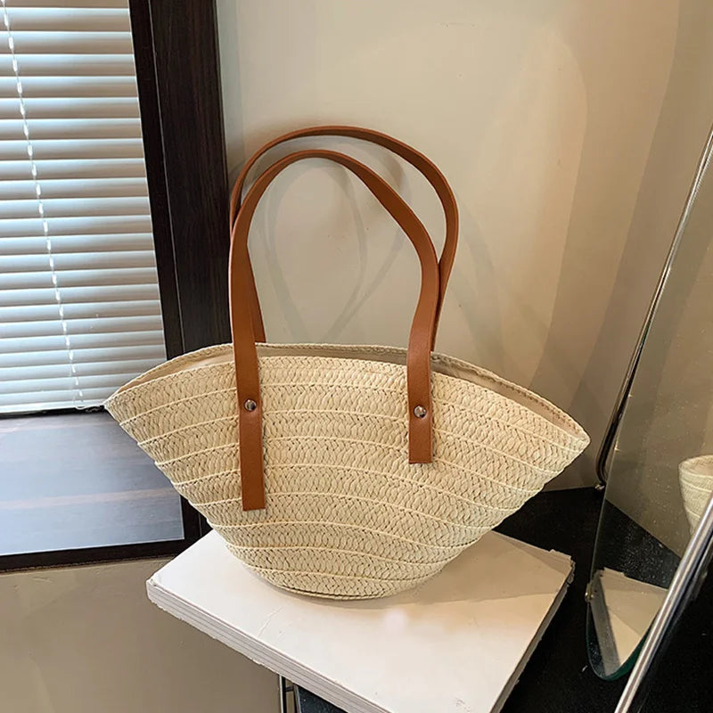 Women Braided Basket Top-handle Bag Large Capacity