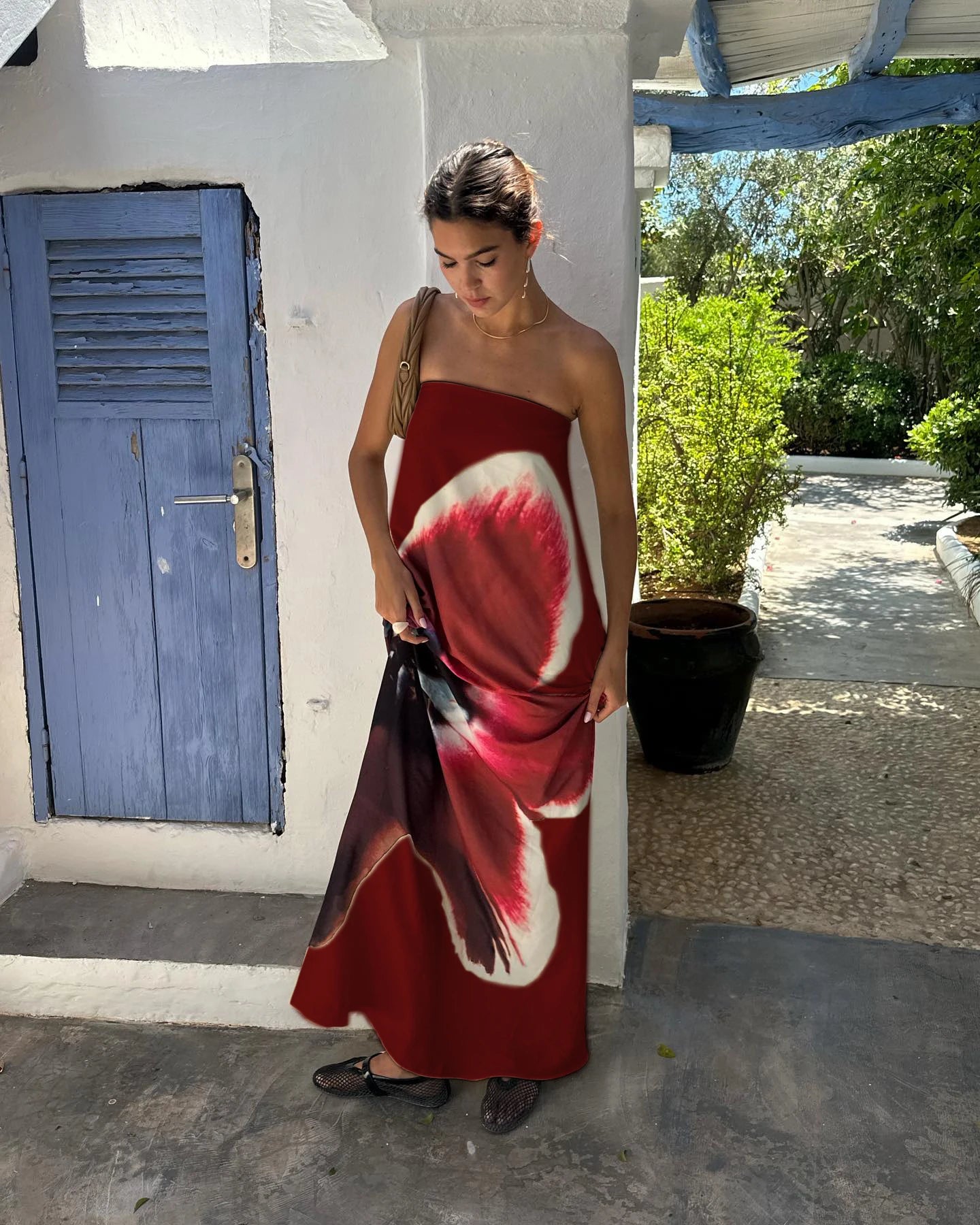 Strapless Print Floral Belt Women Maixi Dress