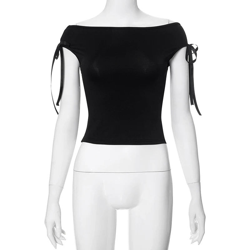 T-Shirt Casual Slim Crop Top  Black Short Sleeve Wome