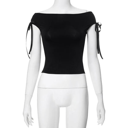 T-Shirt Casual Slim Crop Top  Black Short Sleeve Wome