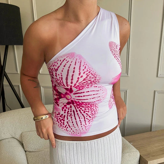 Floral Print Fitted Tops Women Resort Wear Graphic