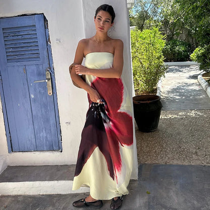 Strapless Print Floral Belt Women Maixi Dress