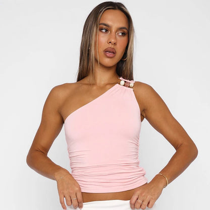 New Sexy One-Shoulder Bead Link Ruched Tank Top Street