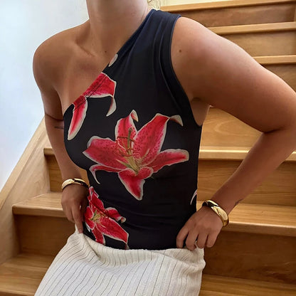 Floral Print Fitted Tops Women Resort Wear Graphic