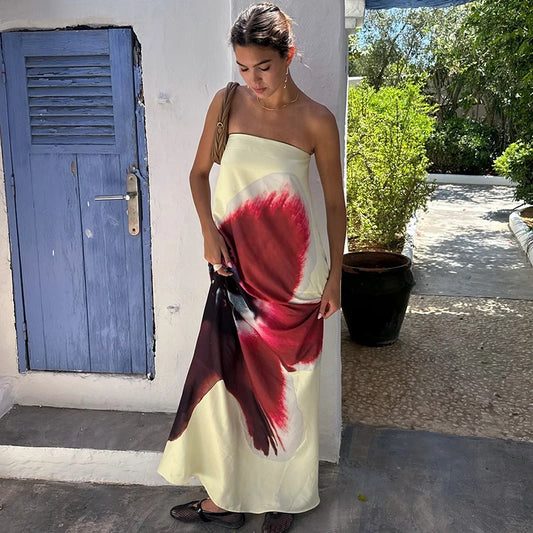 Strapless Print Floral Belt Women Maixi Dress