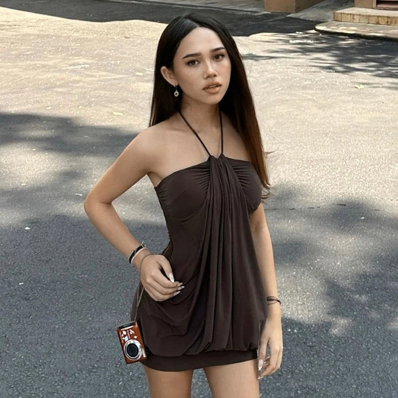 Women'S Lace Up Halter Sexy Mini Dress Sleeveless