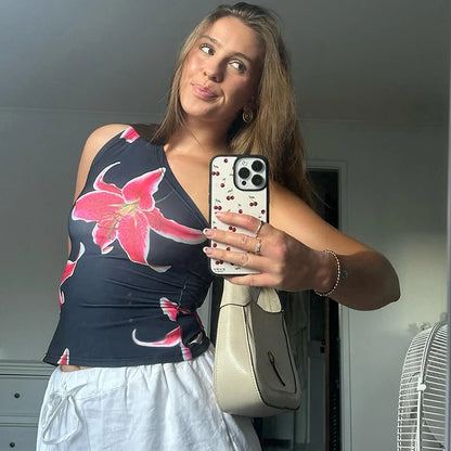 Floral Print Fitted Tops Women Resort Wear Graphic