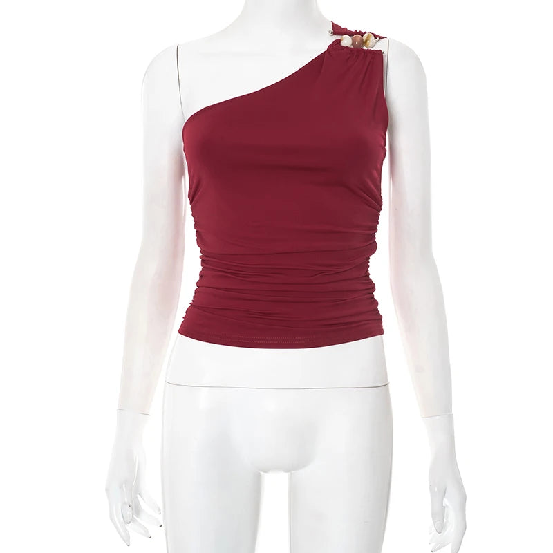 New Sexy One-Shoulder Bead Link Ruched Tank Top Street