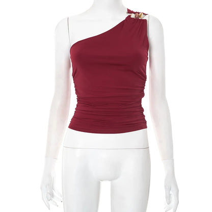 New Sexy One-Shoulder Bead Link Ruched Tank Top Street