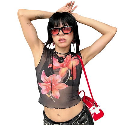 Floral Print Fitted Tops Women Resort Wear Graphic