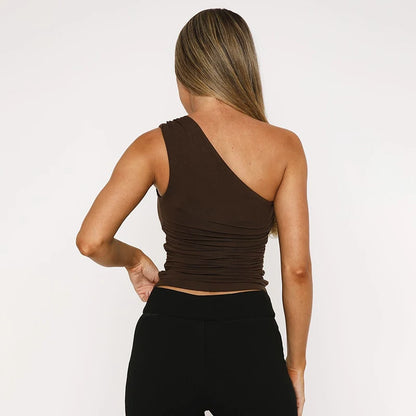 New Sexy One-Shoulder Bead Link Ruched Tank Top Street