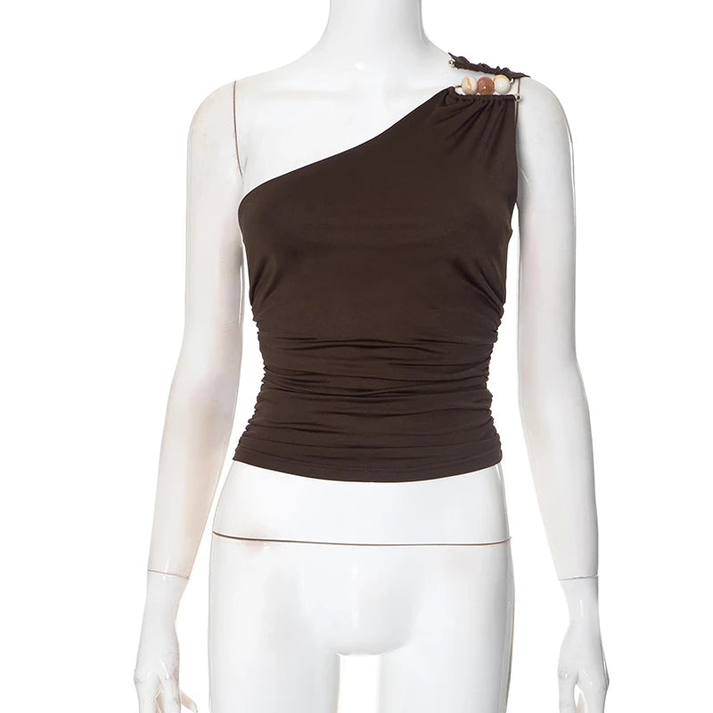 New Sexy One-Shoulder Bead Link Ruched Tank Top Street
