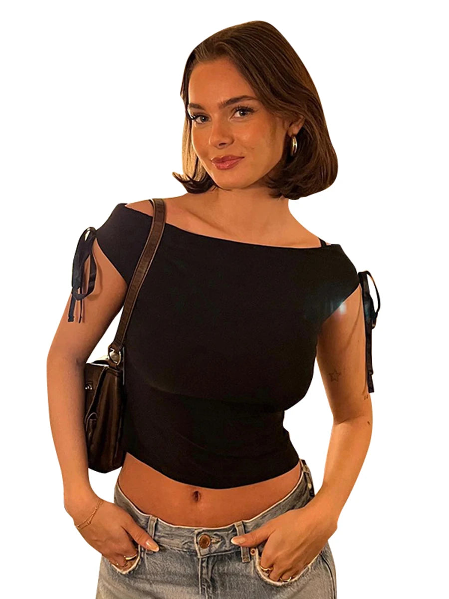 T-Shirt Casual Slim Crop Top  Black Short Sleeve Wome