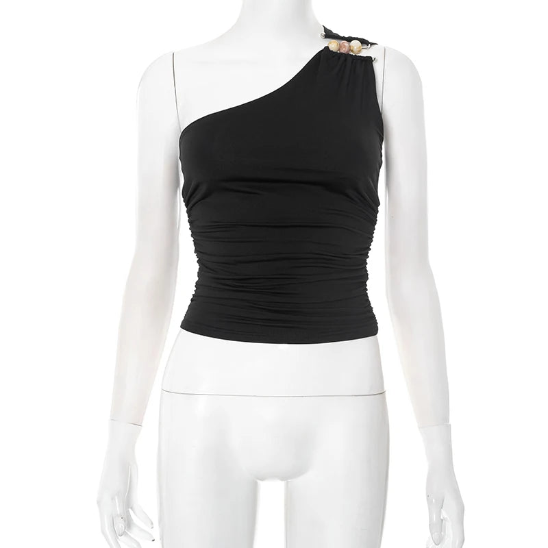 New Sexy One-Shoulder Bead Link Ruched Tank Top Street