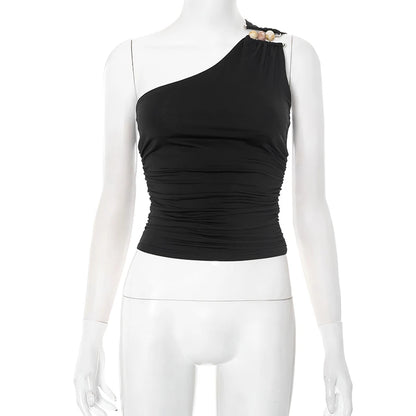 New Sexy One-Shoulder Bead Link Ruched Tank Top Street